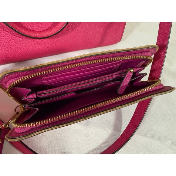 Michael Kors Pink Saffiano Leather Tote Bag & Wallet Set – Gold, Crossbody Strap - Picture 2 of 11